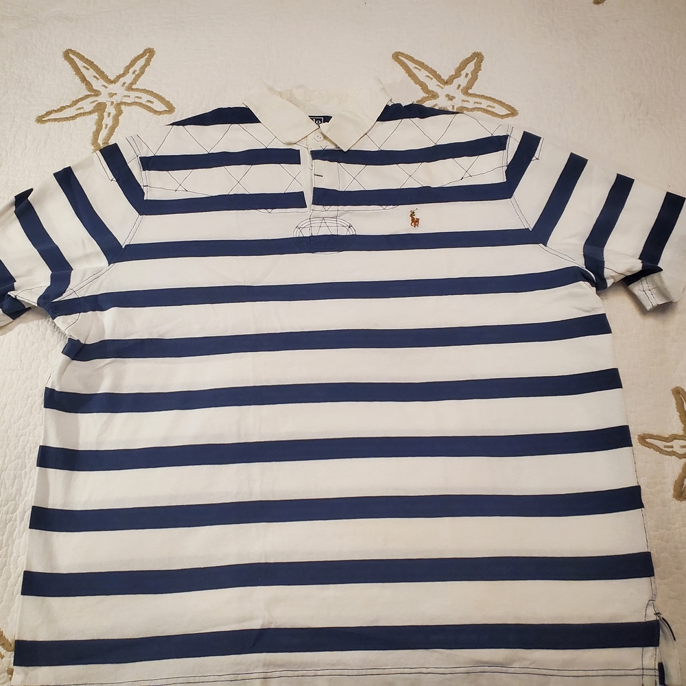 Polo Ralph Lauren Rugby Shirt Mens XL Quilted Top Striped White Blue‎ Preppy